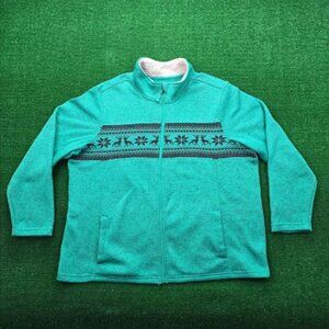 Faded Glory Jacket Womens 3X Green Teal Reindeer Full Zip Holiday Christmas